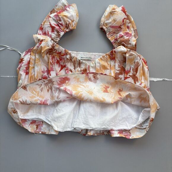 Abercrombie & Fitch Top Size XL Ruffle Poplin Floral Babydoll Smocked Tropical - Picture 6 of 7